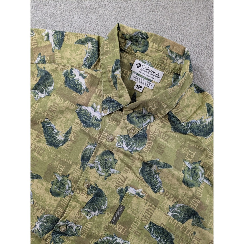 Columbia Mens XL Bass Fishing Graphic Print Short Sleeve Button Down Shirt Green - Picture 1 of 10